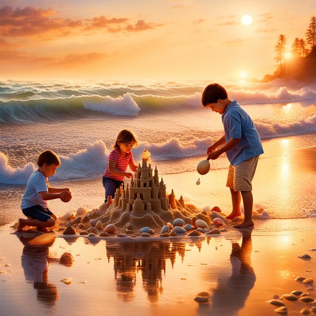 Dreamy Beach Scene with Families Building Sandcastles and Ch...