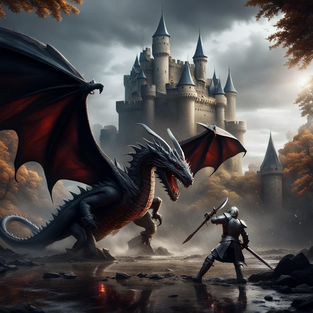 A knight fighting a dragon in front of the castle in a rainy day