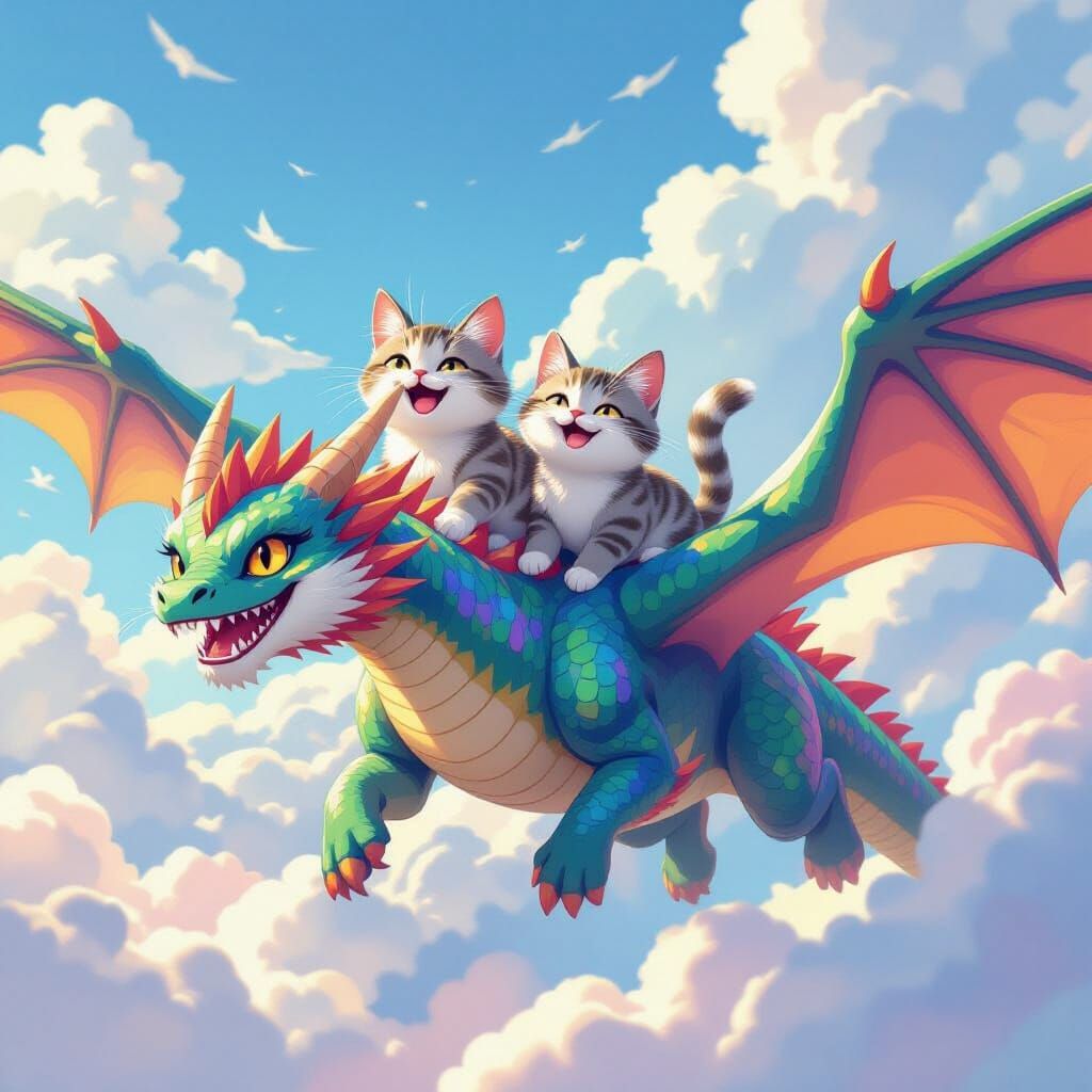 Cats Ride Rainbow Dragon Through Dreamlike Sky