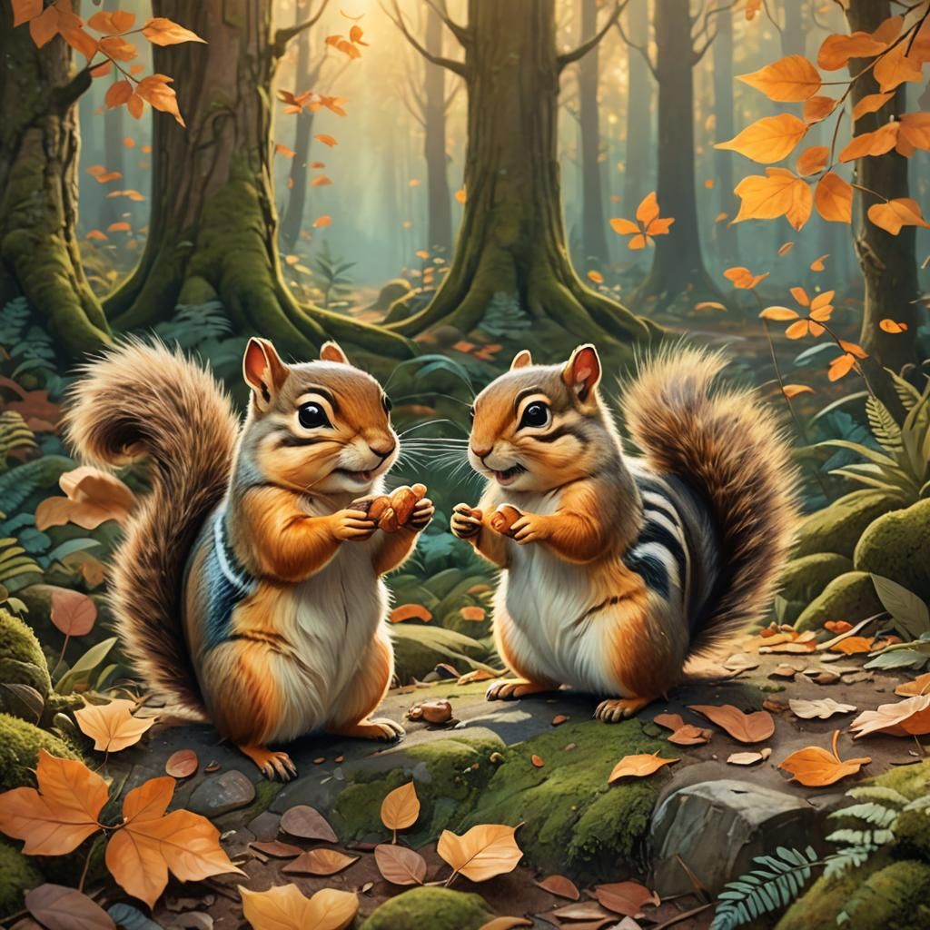 Whimsical Wildlife Concept Art: Chipmunks Sharing a Peanut