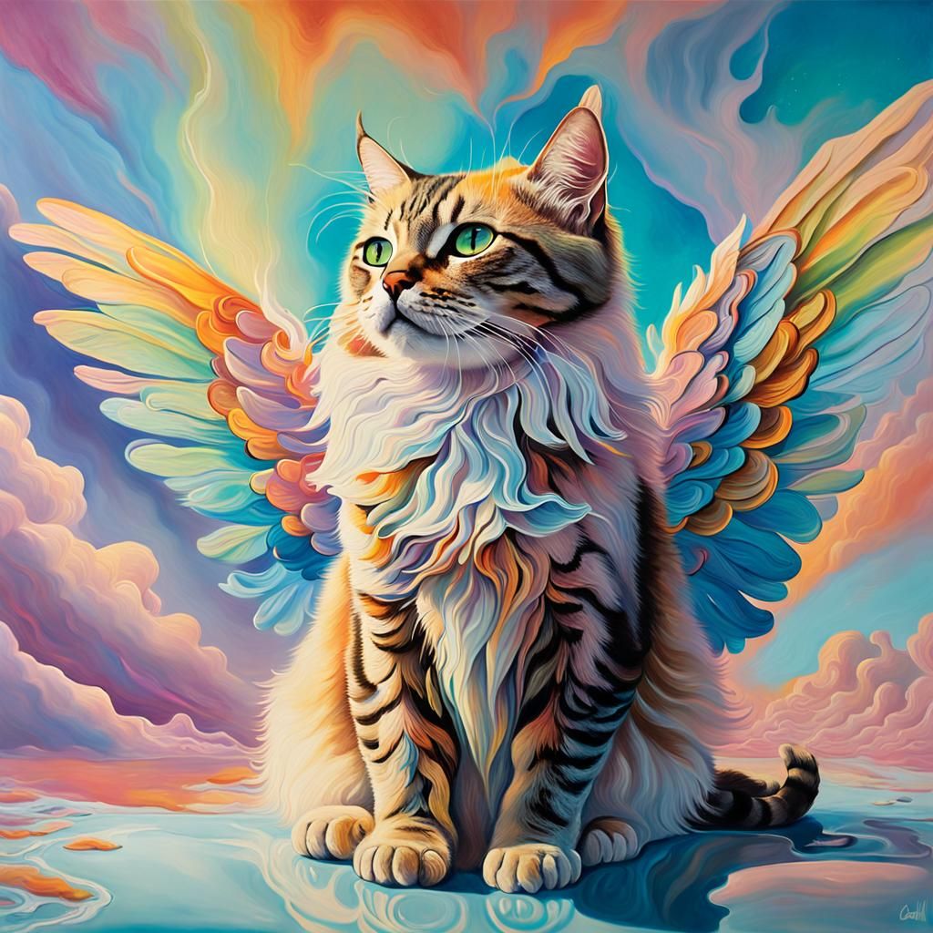 Cat with Iridescent Wings: A Surreal Oil Painting