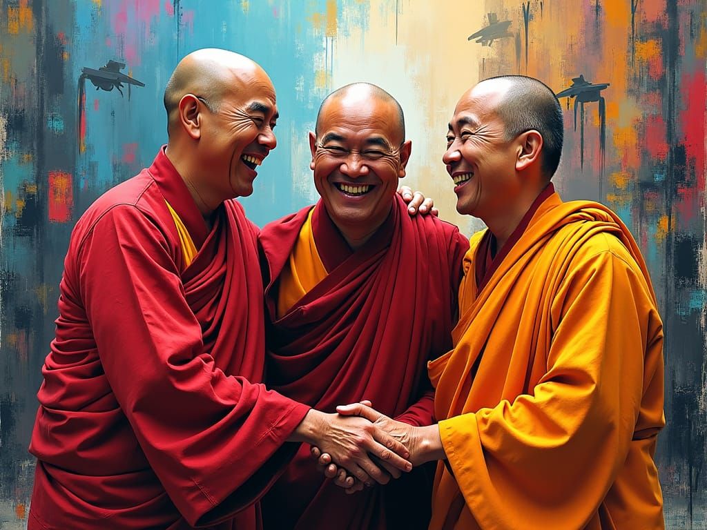 Laughing Monks: Graffiti Art in Vibrant Cityscape