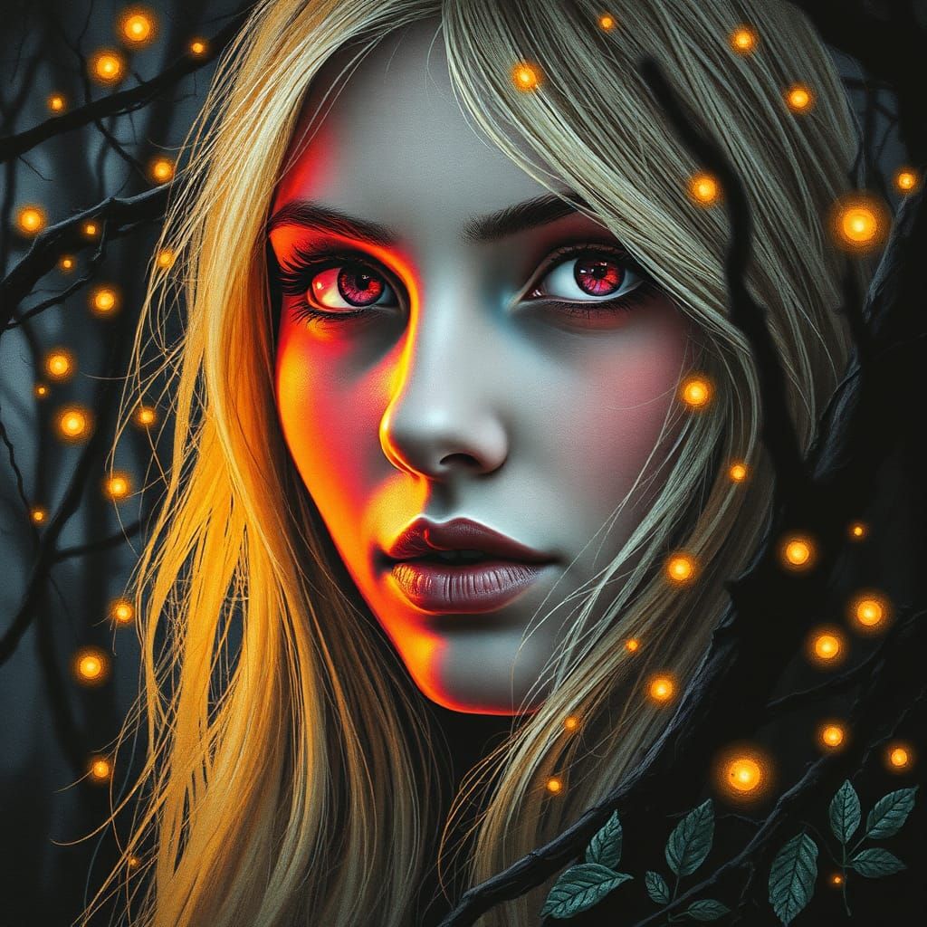 Charcoal Portrait: Woman Blends with Mystical Forest