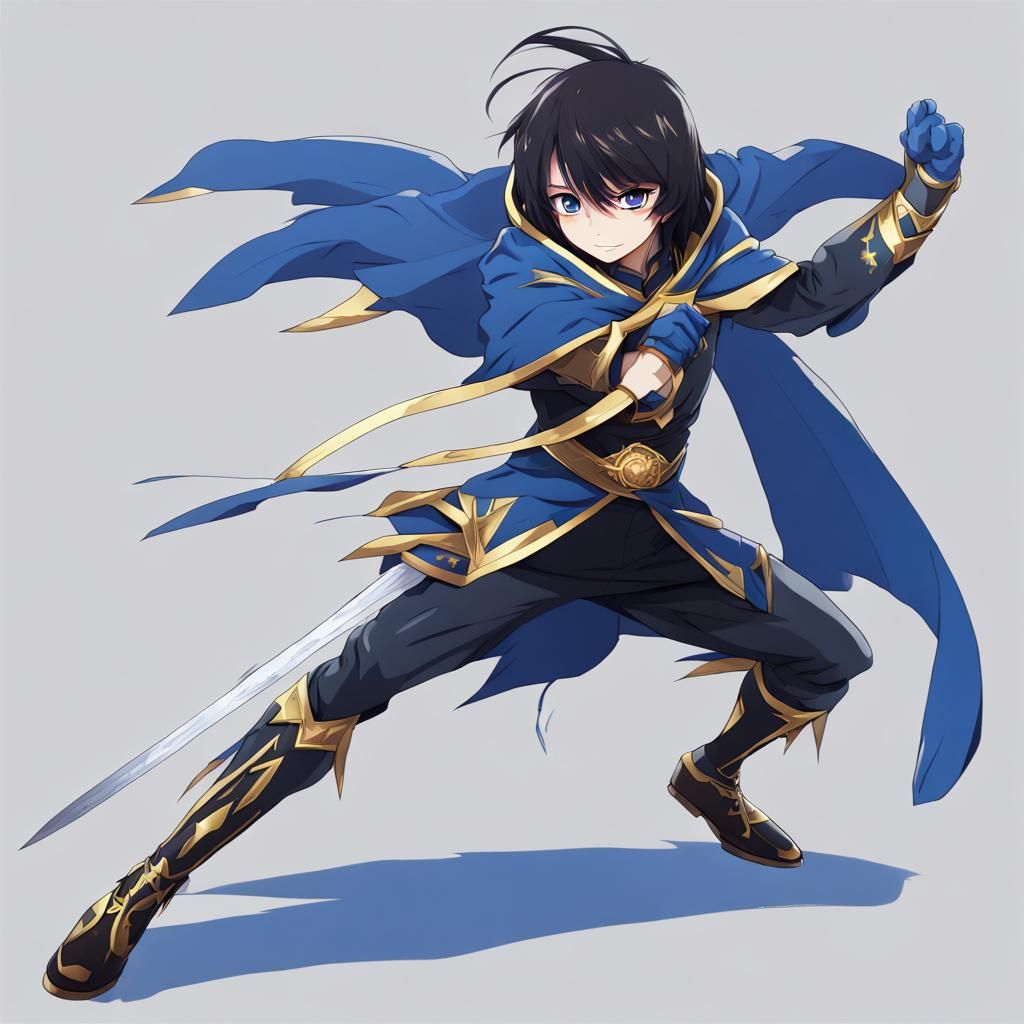 Cute Crow Samurai in Blue and Gold Cape