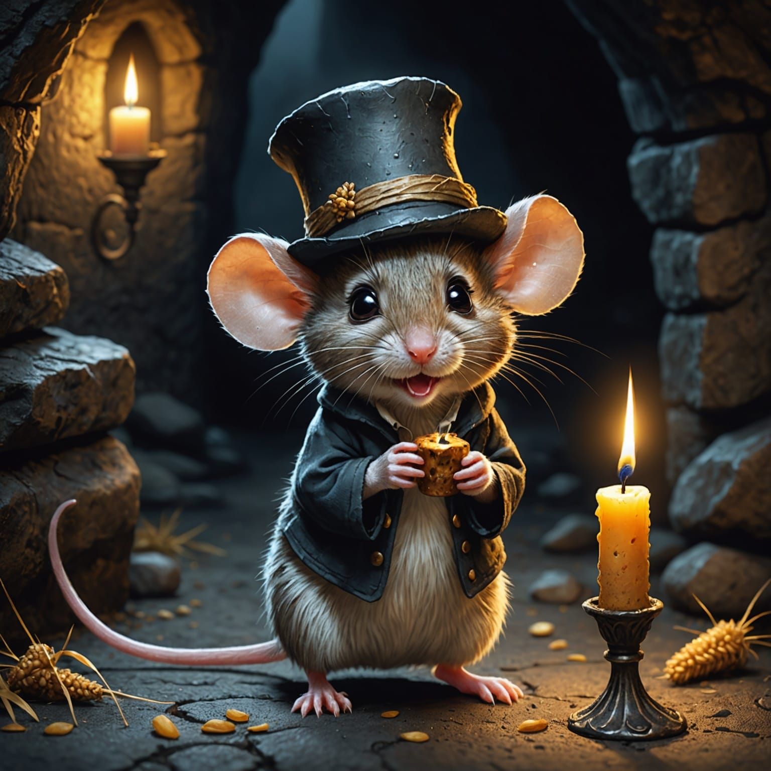 A scared tiny well dressed cute mouse wearing a hat, lit onl...