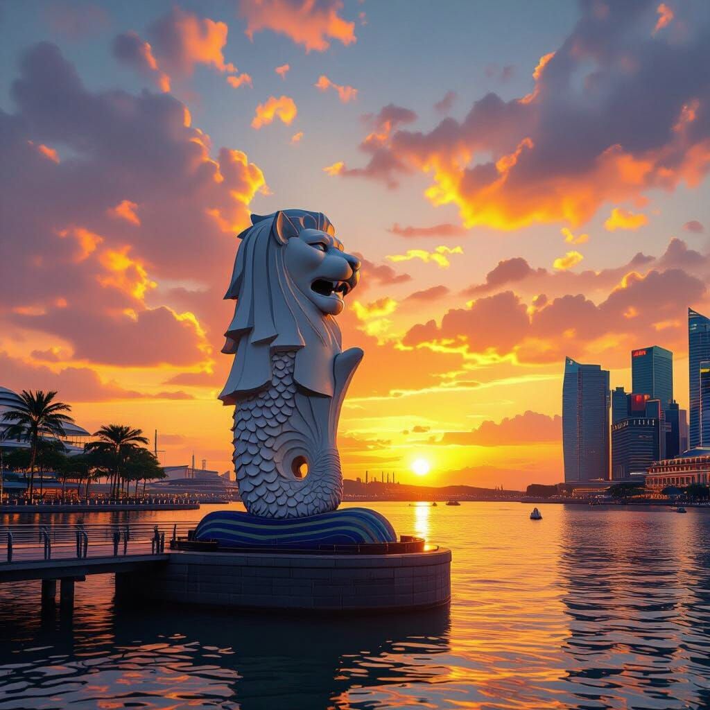 Futuristic Merlion Statue at Singapore River Sunset