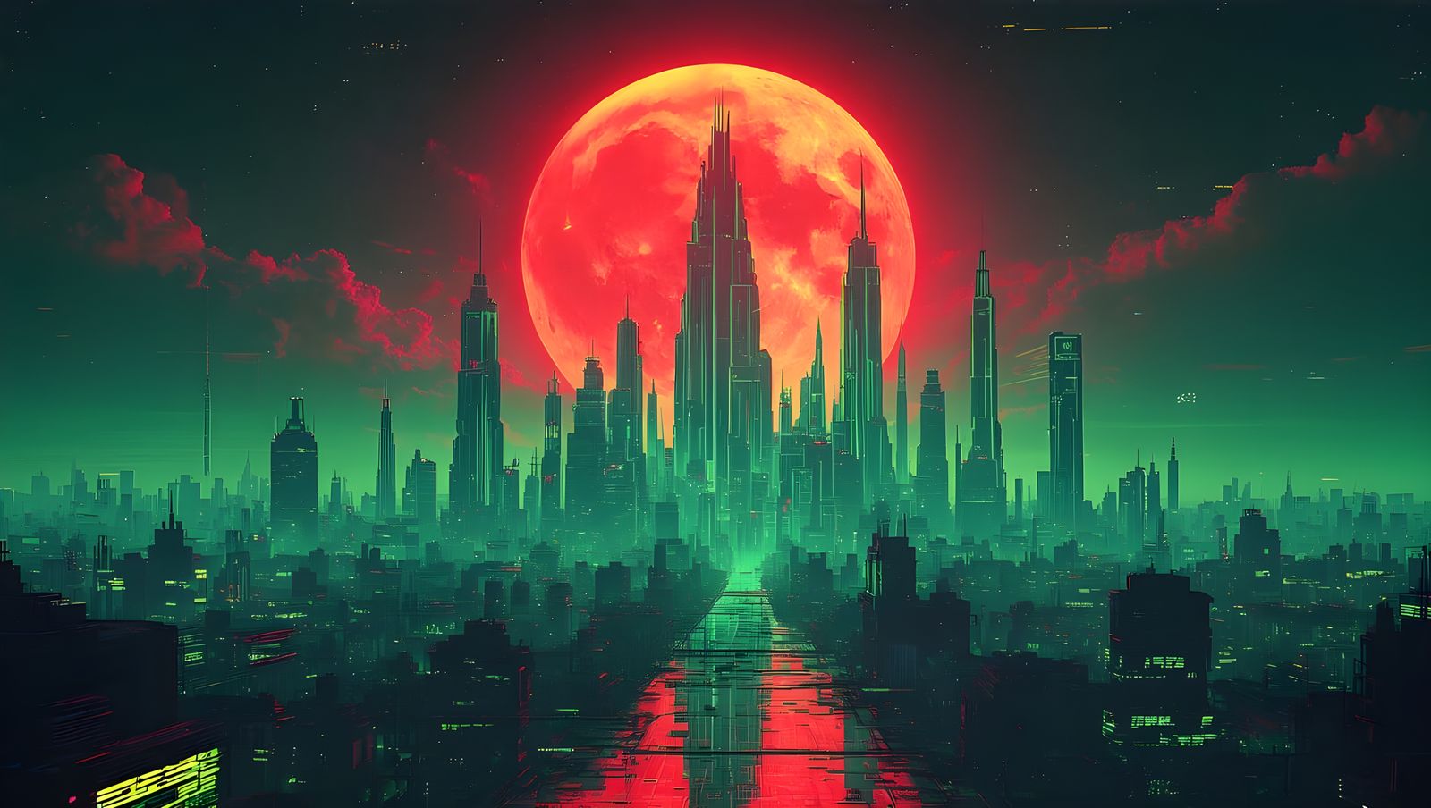 Epic Neon Cityscape Under a Glowing Red Moon