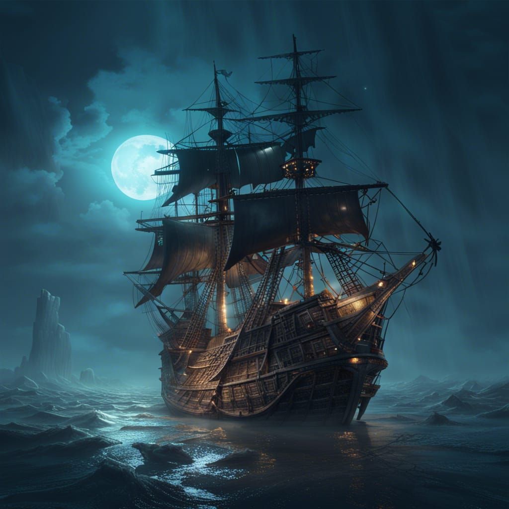Spectral Pirate Ship Under Moonlit Mist