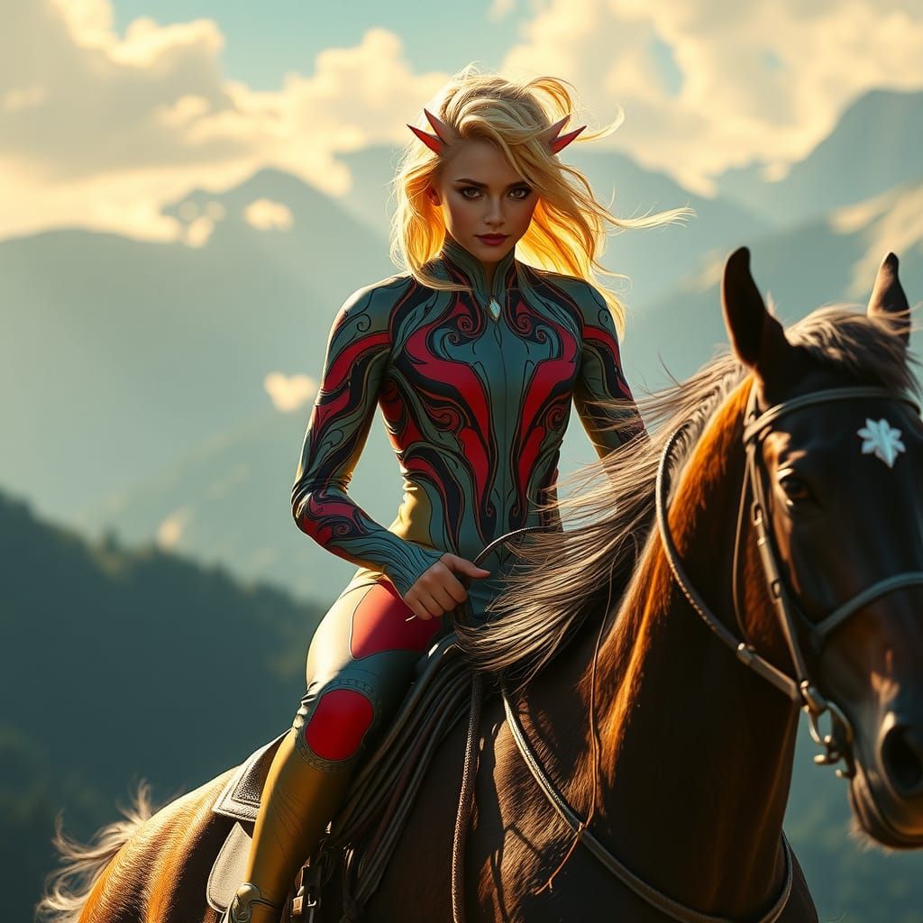 Woman in Spandex Riding Horse in Emerald Mountains