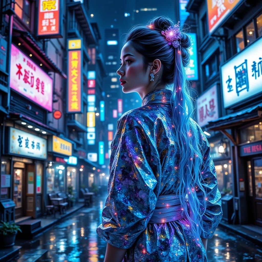 Muse Wandering Tokyo Streets in Cyberpunk Style