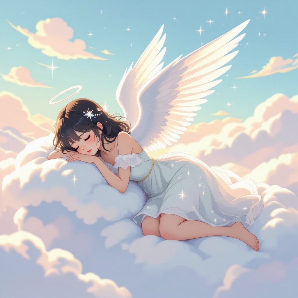 Melancholic Girl with Angel Wings Asleep on Cloud in Anime S...
