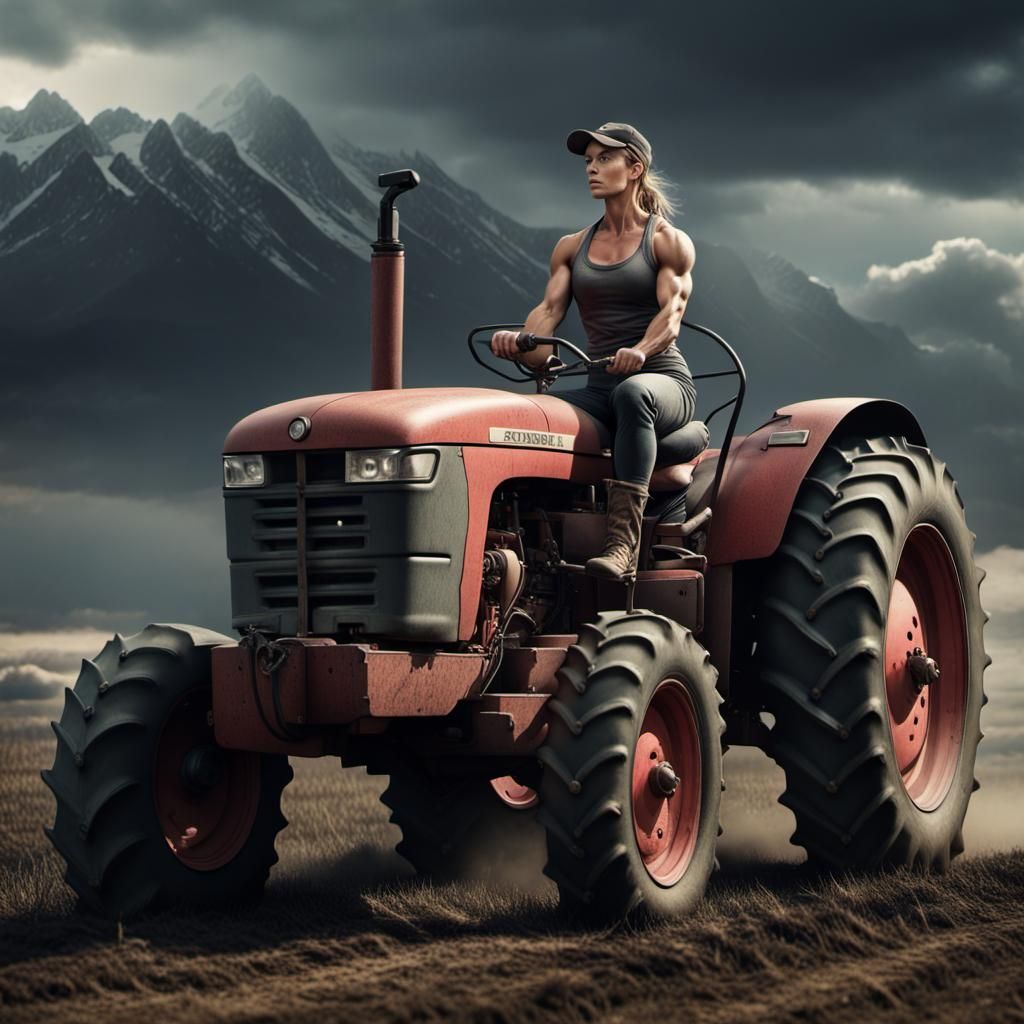 Epic Female Muscle Farmer on Tractor