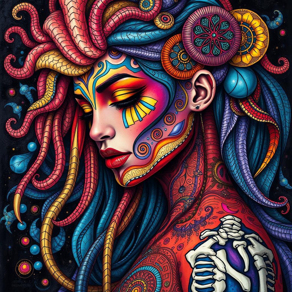 Colorful Primeval Woman with Biomechanical Zentangle Pattern...