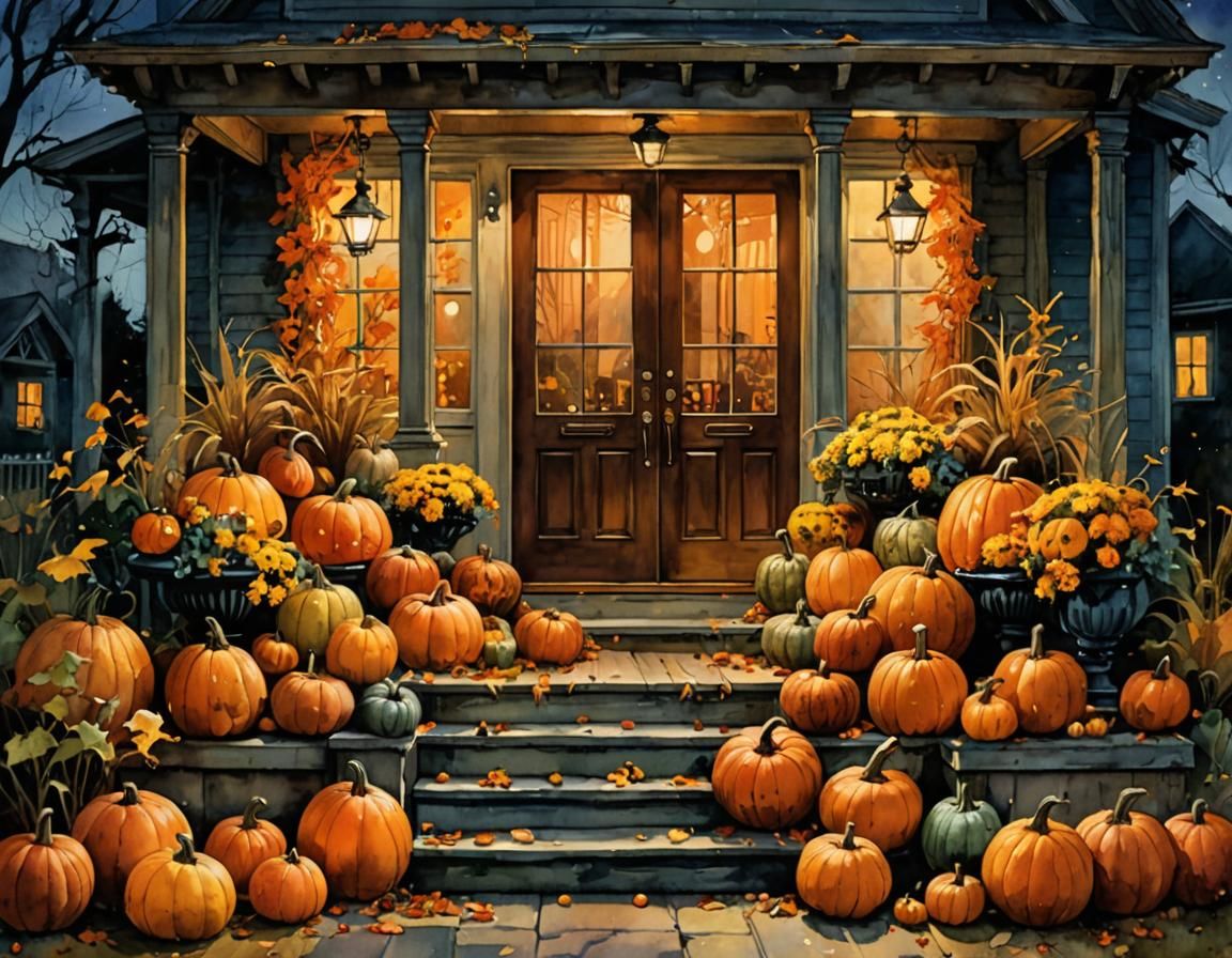 Spooky Halloween Porch in Watercolor Style