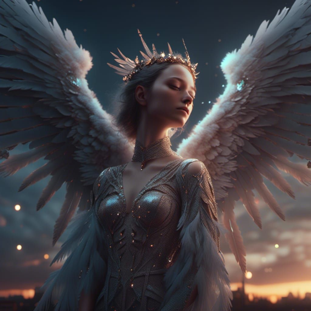 Dusk Angel with Feathered Wings Digital Painting