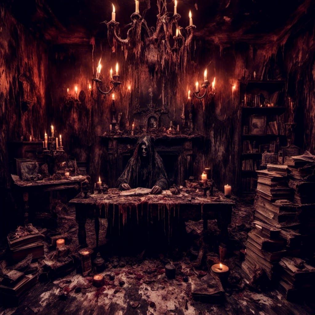 Eerie Gothic Room with Raven in Macabre Horror Style