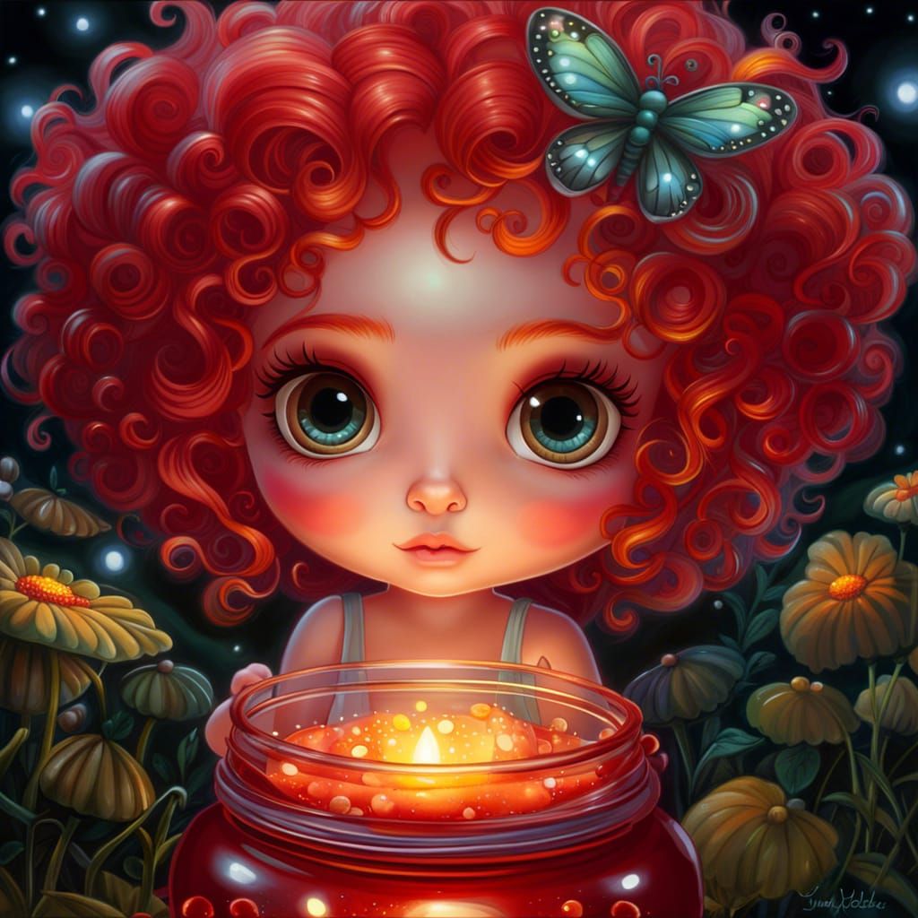 Red-Haired Fairy with Fireflies, Hyperrealistic Digital Art