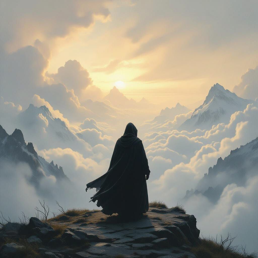 Hooded Figure Gazing at Mountain Landscape
