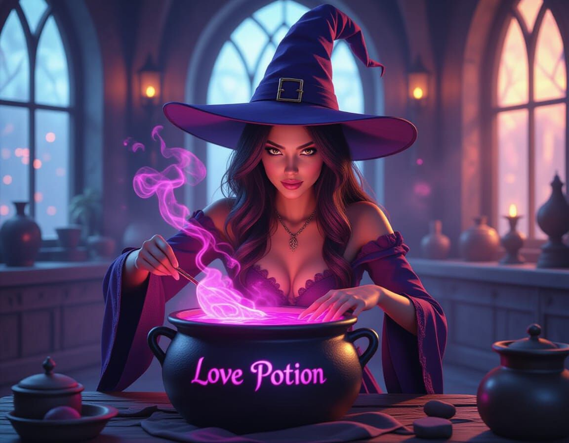 Witch Brews Love Potion in Mystical Cauldron