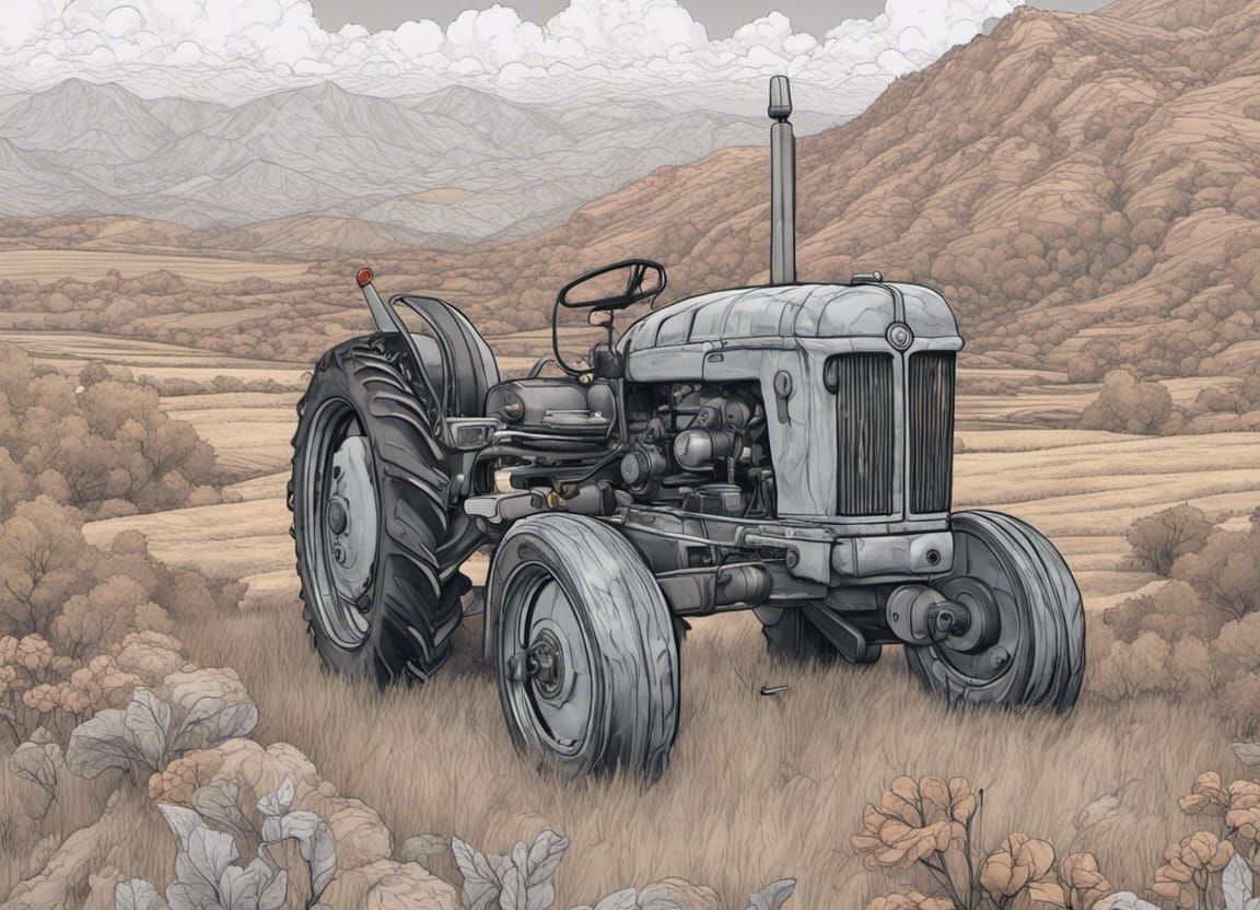 Tractor Coloring Page with Hills, Detailed Matte Painting