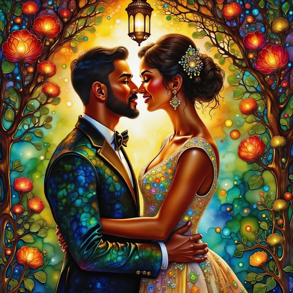 Moroccan Bride and Groom's First Kiss in Dreamlike Style