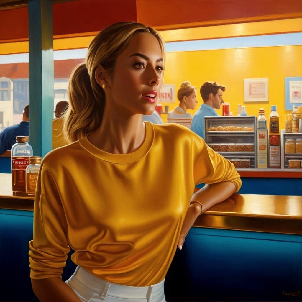 Woman Splits at Snack Bar in Oil Painting Style