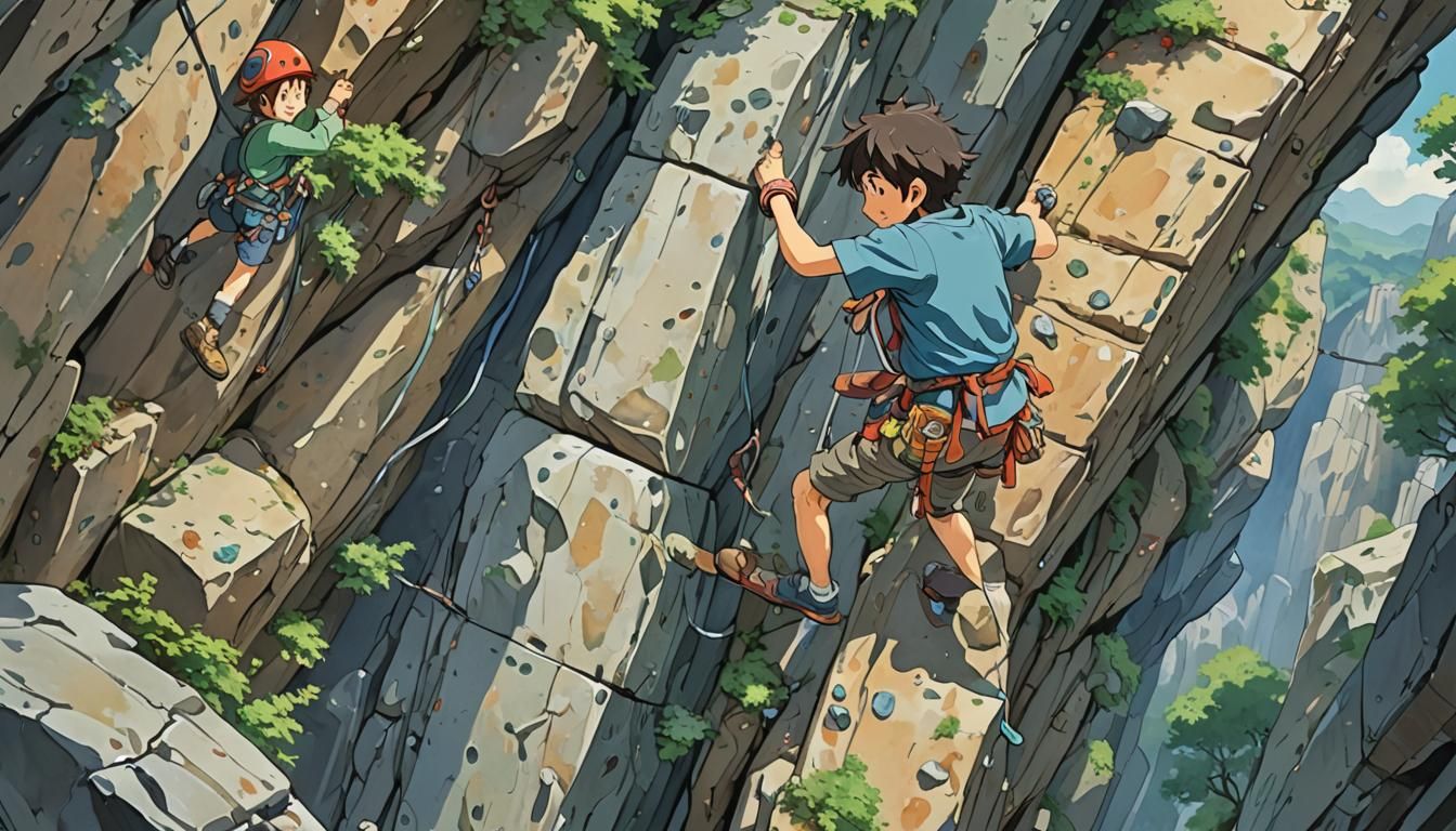 Ghibli Characters Rock Climbing in Anime Style