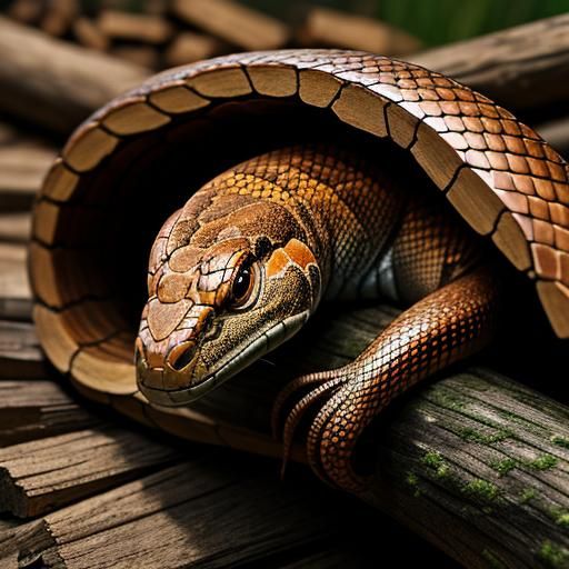 Hyperrealistic Copperhead Snake Emerging from Woodpile