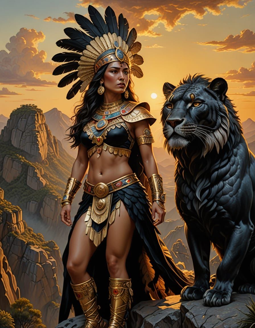 Aztec Warrior Queen on Stone Jaguar, Hyper-Realistic Oil Pai...