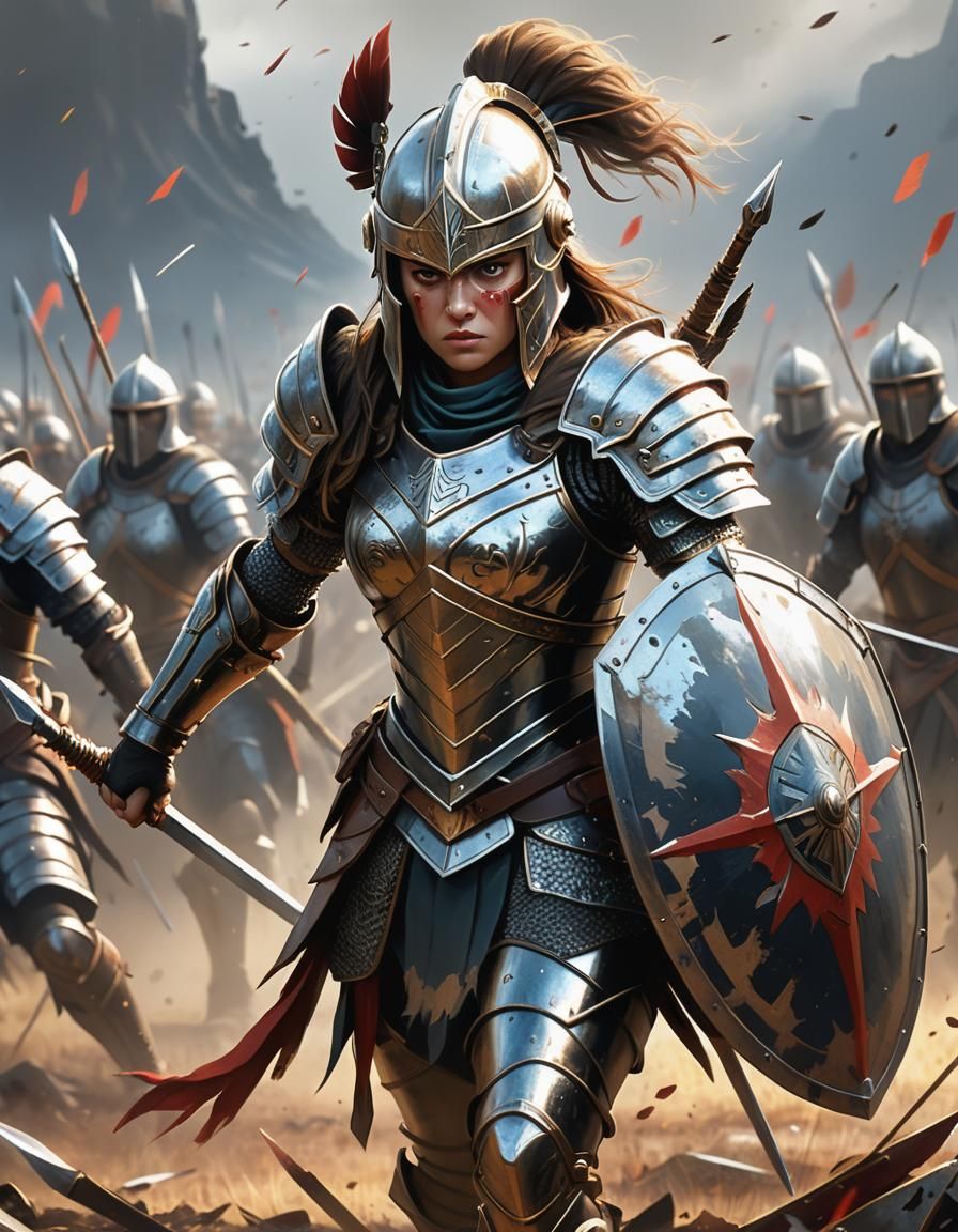 Fierce Armored Warrior Stands Defiant on Battlefield