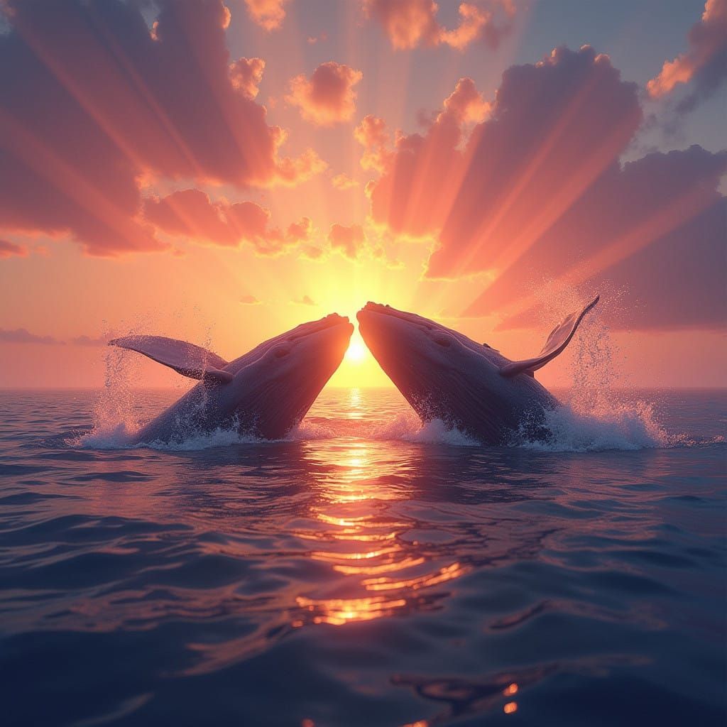 Whales Silhouetted in Vibrant Sunset Colors
