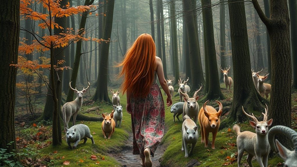 Dreamlike Forest Scene with Red-Haired Woman and Creatures