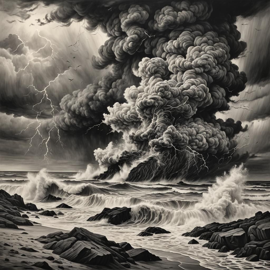 Animals, Plants, and Storm Elements in Charcoal Drawing