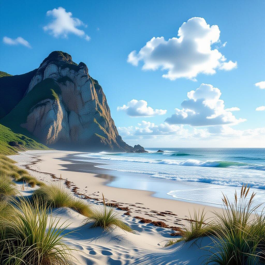 Hyperrealistic Coastal Cliff Overlooking Sandy Beach