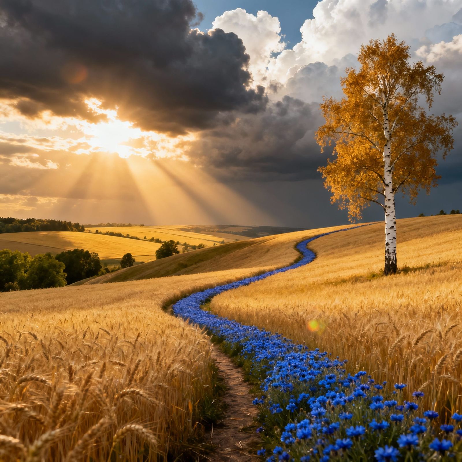 Radiant Sun Illuminates Golden Fields and Birch Tree