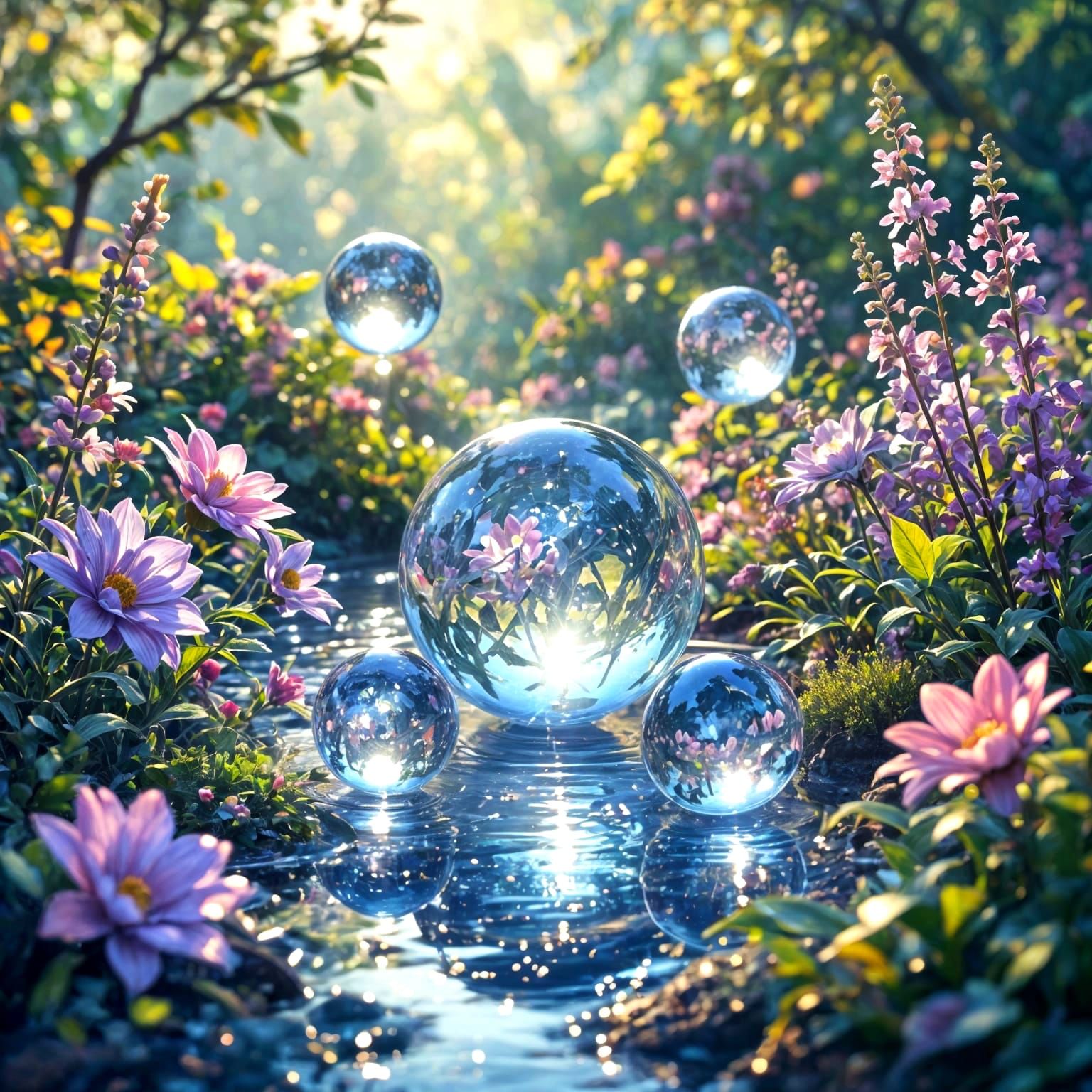 Floating Crystal Spheres in Gemstone Garden, Hyperrealistic ...