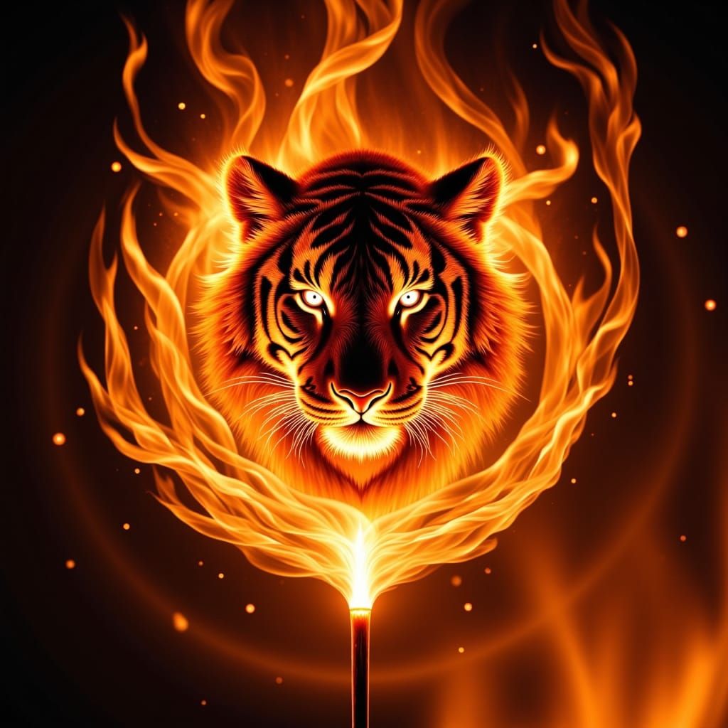 Fiery Tiger Emerges from Burning Matchstick