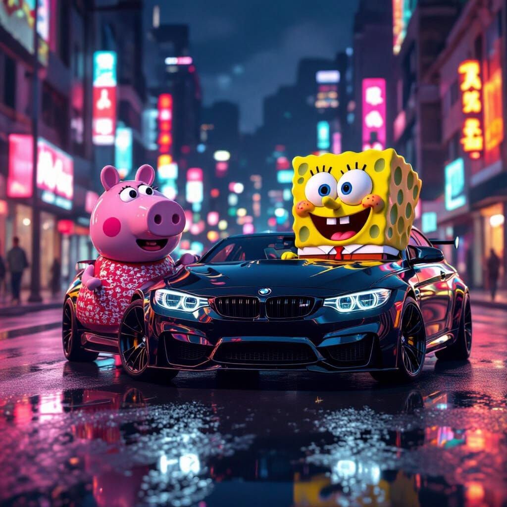Peppa Pig and SpongeBob in a BMW M3 at Night