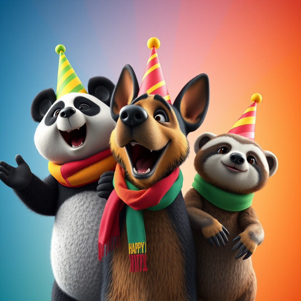 Panda, Shepherd, and Sloth Sing Happy Birthday in 3D