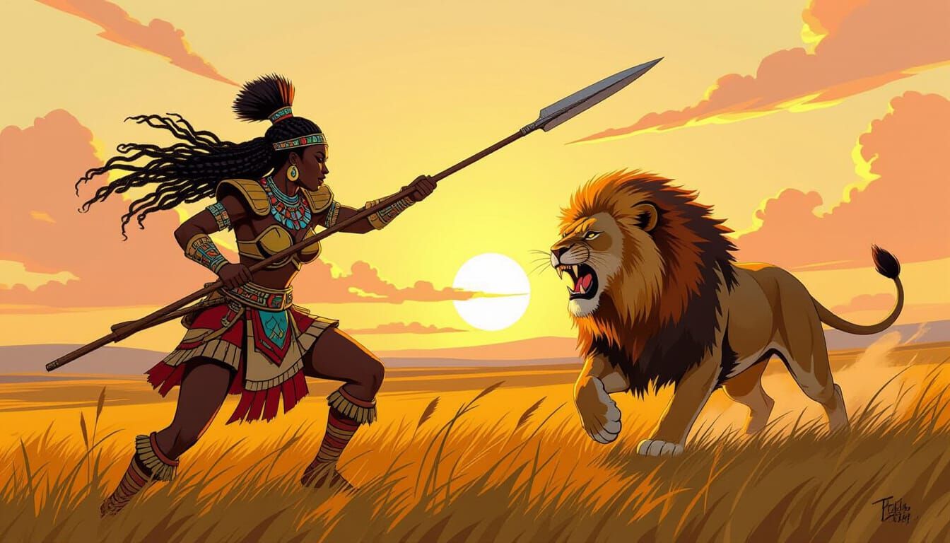 Zulu Warrior's Sunset Battle with Lion