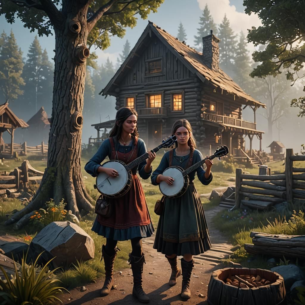 Girl Plays Banjo in Foggy Farm Landscape