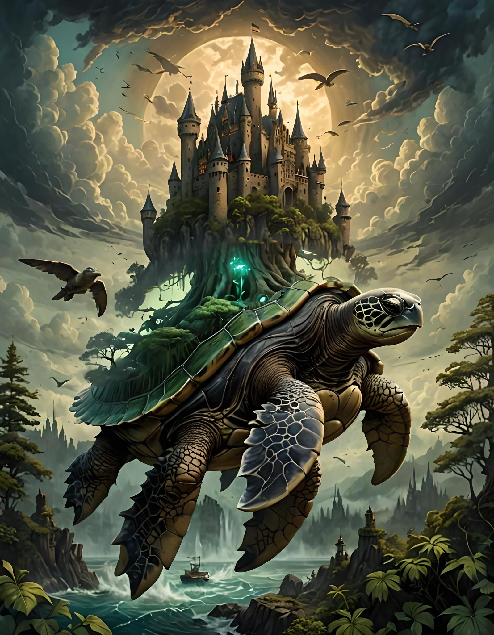 Giant Turtle Castle in the Sky: Dark Fantasy Art