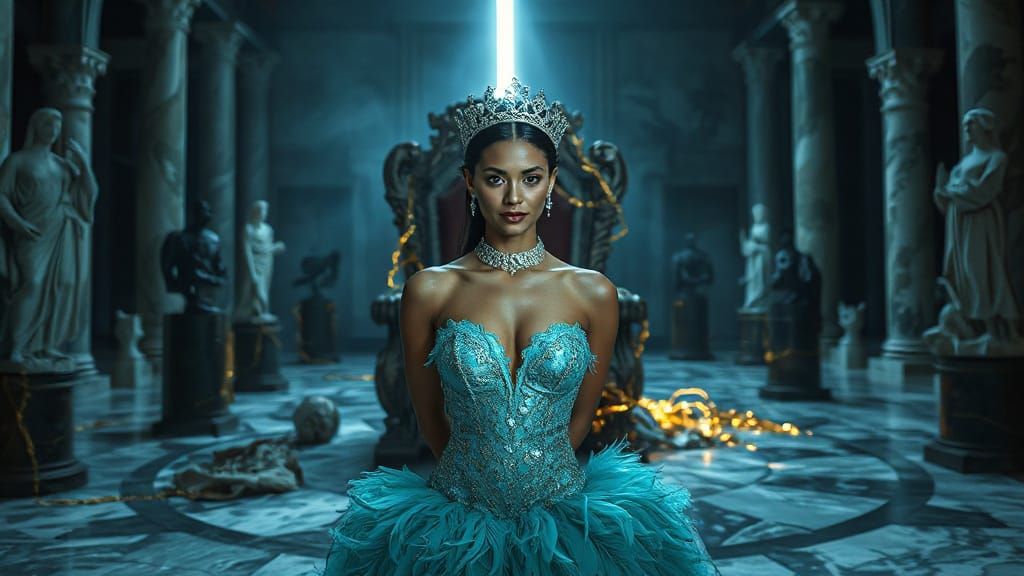 Queen in Turquoise Gown Amid Shattered Statues