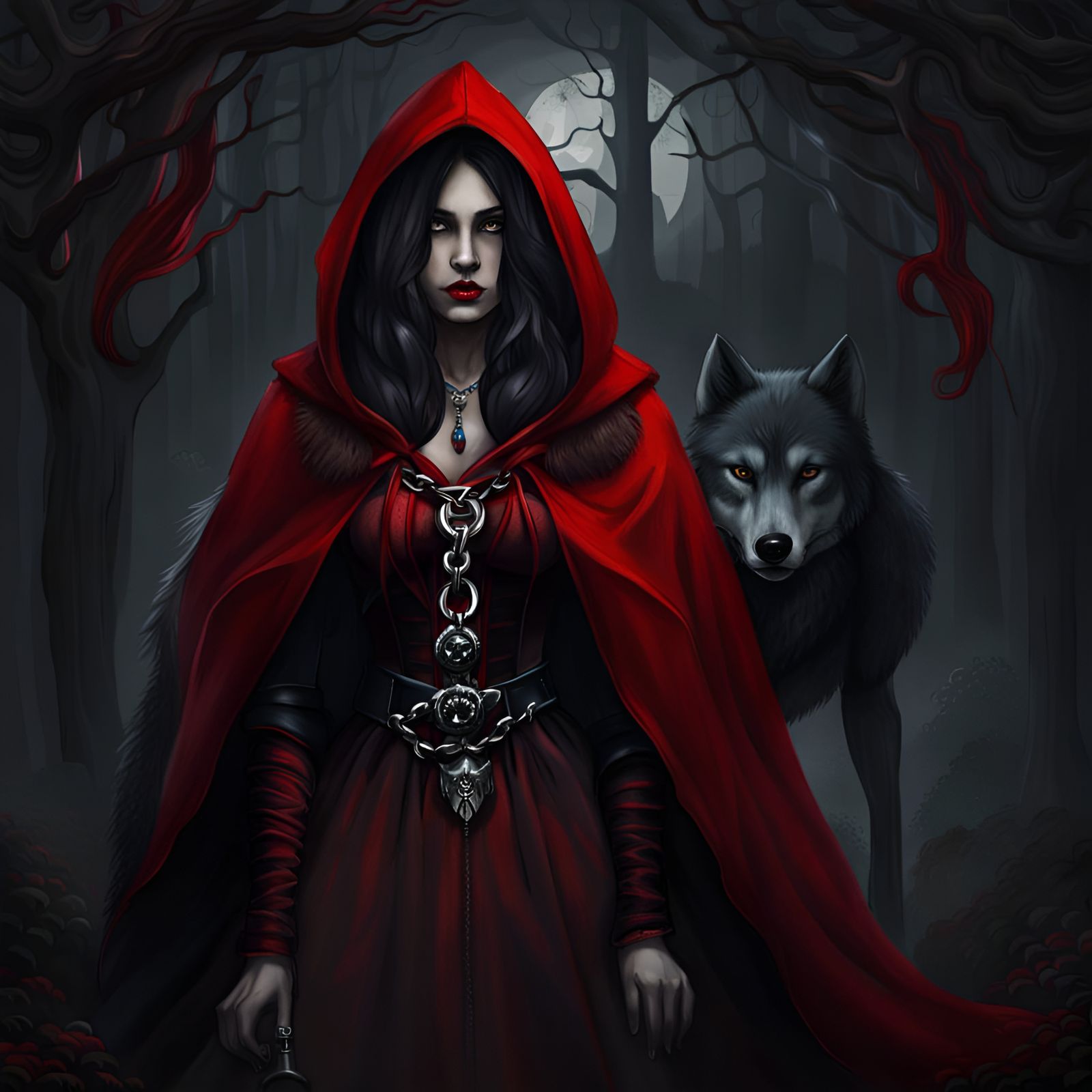 Gothic Red Riding Hood Leads Wolf