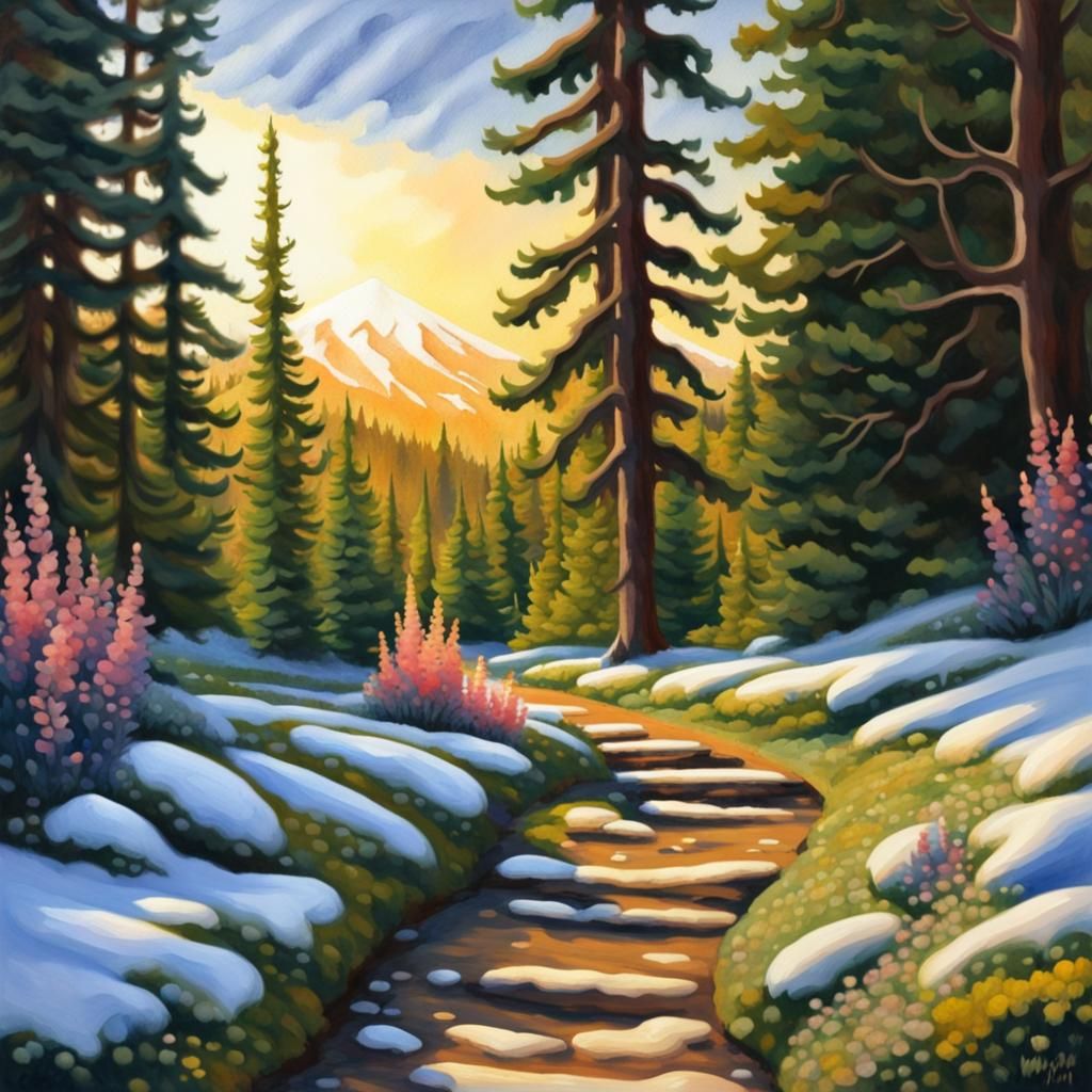 Lush Path to Majestic Mountains in Gouache Style