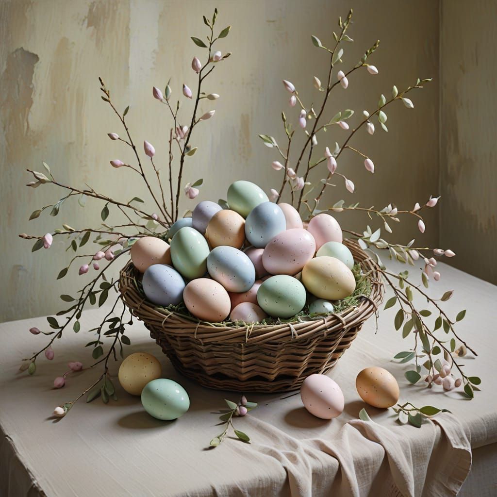 A subtly melancholic Easter still life, rendered in muted tones of dusty rose, sage green, and pale lavender.  The style...