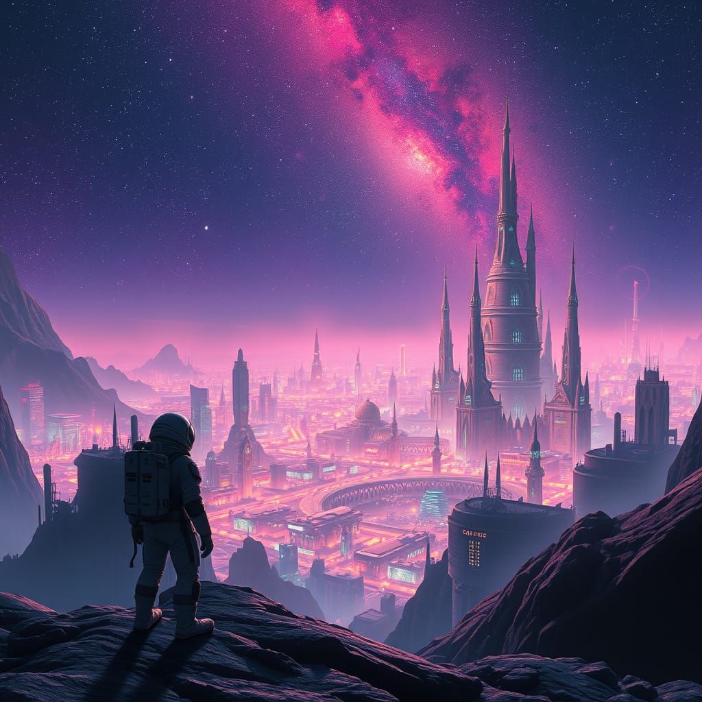 Ancient Alien Metropolis at Dusk in Futuristic Industrial St...