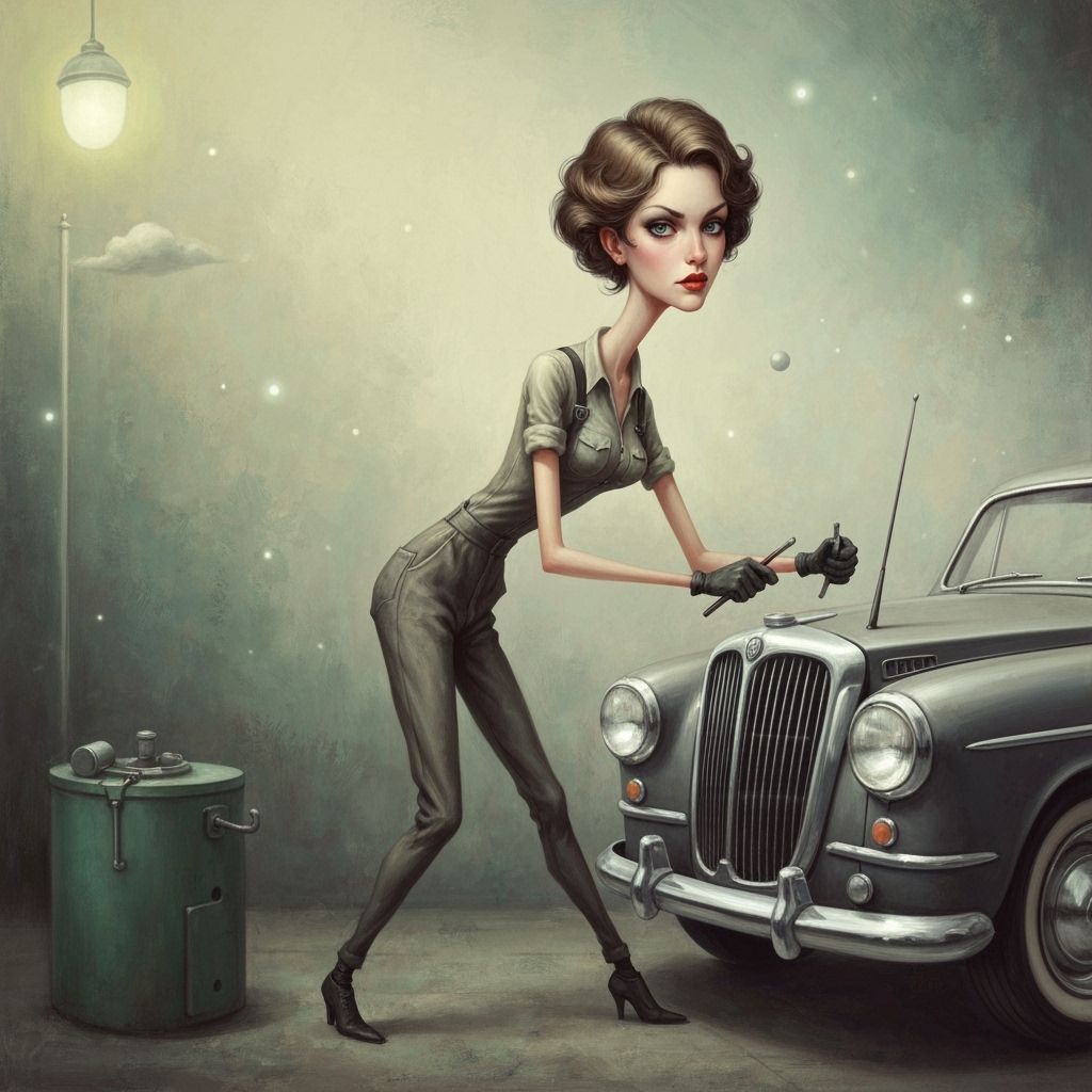 Dreamlike Pin-Up Mechanic Works on Classic Car