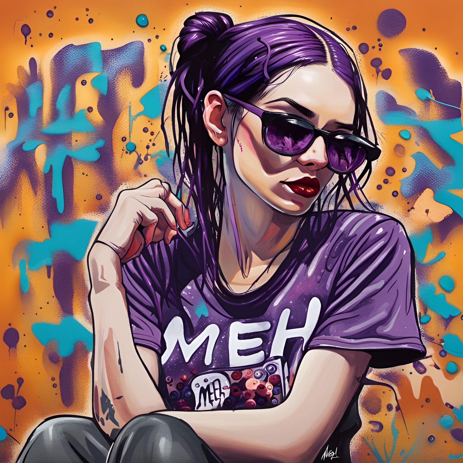 Woman with Purple Hair in Graffiti Splash Art Style