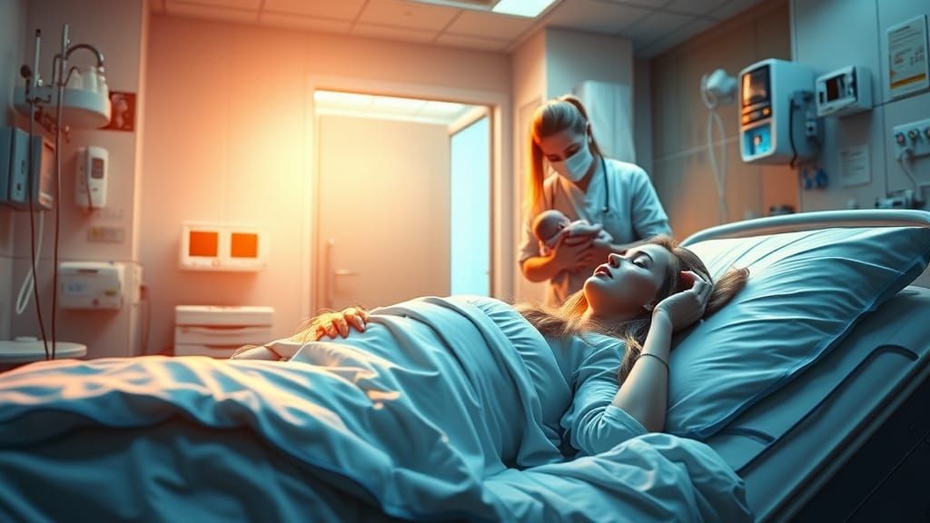 Fantastical Hospital Scene with Female and Newborn in a Medi...